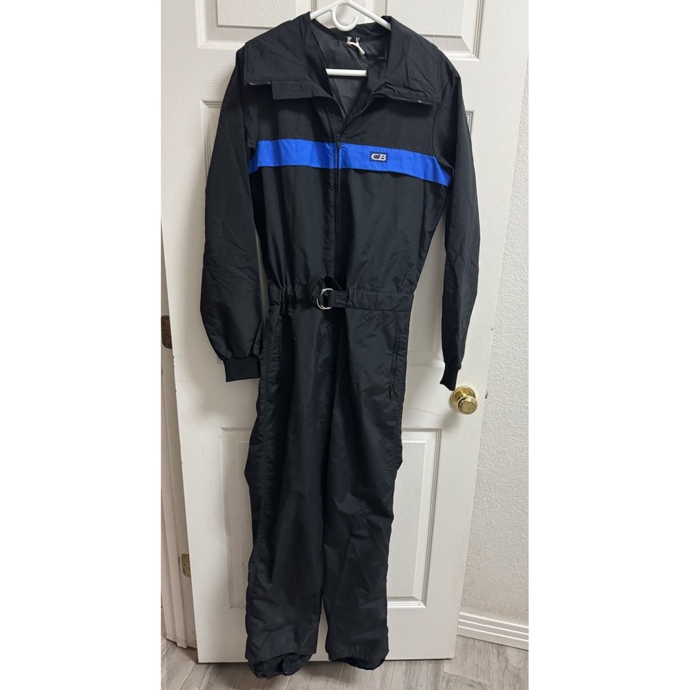 Coveralls Nylon Snow Ski Suit Water Resist Belted Black Striped‎ VTG 70s Medium